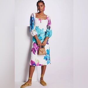 Maeve Floral Midi Dress 2 Petite purple teal feminine lined spring Anthropologie